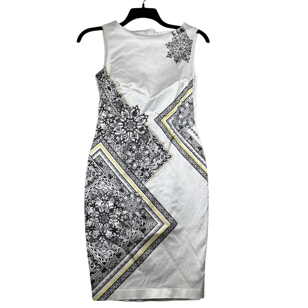 Cache‎ Dress Women's 6 White Black Yellow Floral Pattern Sleeveless Career Party